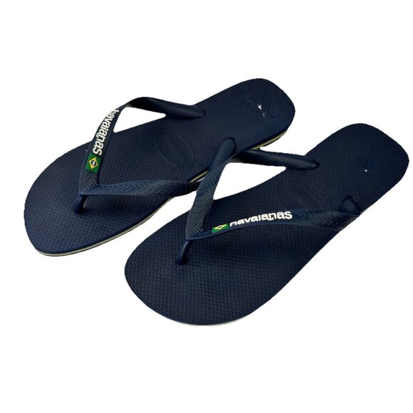 HAVAIANAS BRAZIL LOGO NAVY BLUE FLIP-FLOPS MENS SIZE 11 / 12 NWOT - Picture 1 of 4